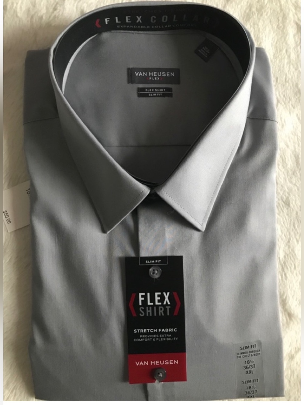 ♥️ Van Heusen Flex Slim Fit Men’s Shirt Gray Mist Size 18 1/2 36-37 NWT